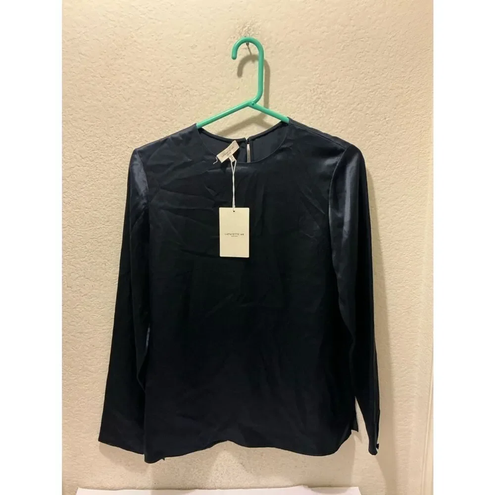 NWT Lafayette 148 New York Navy Long-Sleeve Satin Top $498